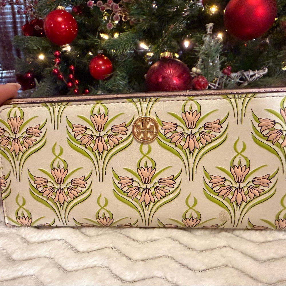 Tory Burch Cream Wallet with Pink and Green Floral Pattern